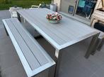 Grote tuintafel met banken in inox en kunststof, Tuin en Terras, Ophalen, Inox, Meer dan 8 zitplaatsen, Zo goed als nieuw