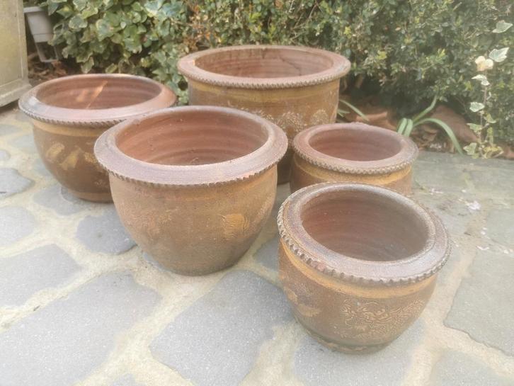 Set 5 terracotta bloempotten met Chinese draak, Tuin en Terras, Bloempotten, Gebruikt, Terracotta, Tuin, Minder dan 40 cm, Minder dan 25 cm