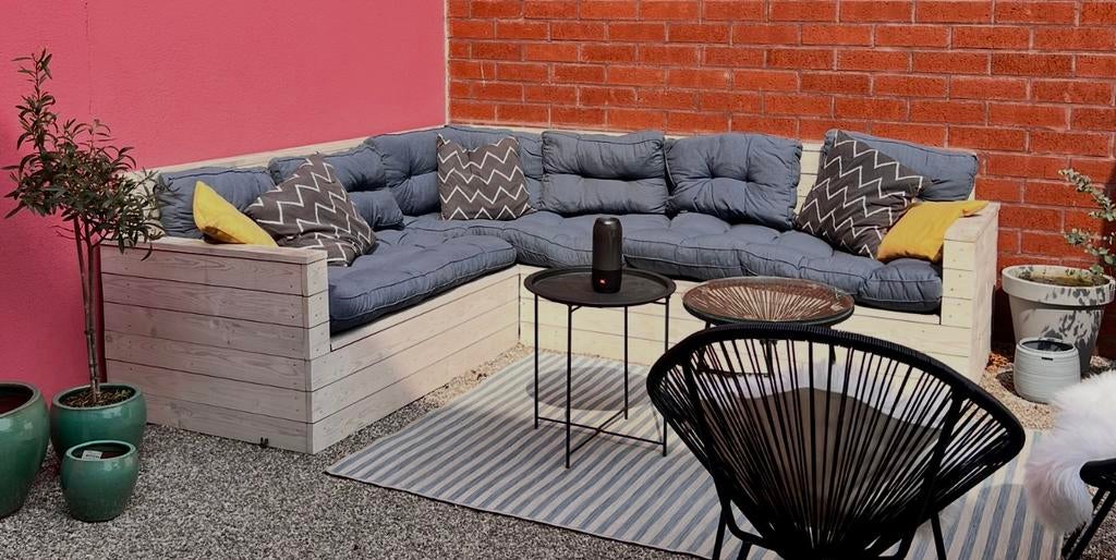 Blauwe loungekussens voor tuinbank - set, Tuin en Terras, Tuinmeubel-accessoires, Ophalen, Zo goed als nieuw