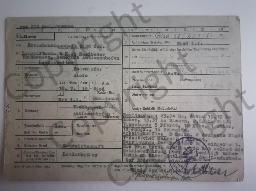 Duitse militaire vrijstellingskaart (Uk-Karte) - 1944, Verzamelen, Militaria | Tweede Wereldoorlog, Ophalen of Verzenden, Overige soorten