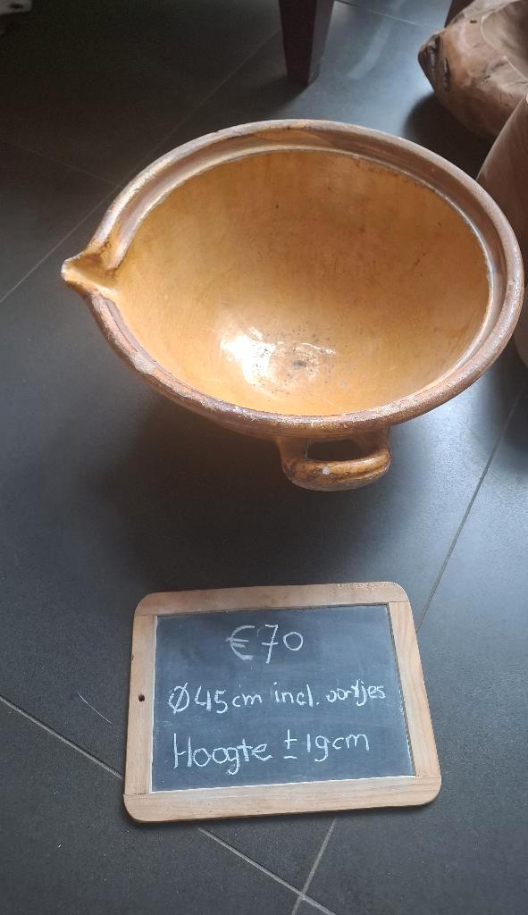 Hele grote antieke geglazuurde gresale afroomkom uit 1900, Antiek en Kunst, Antiek | Porselein, Ophalen