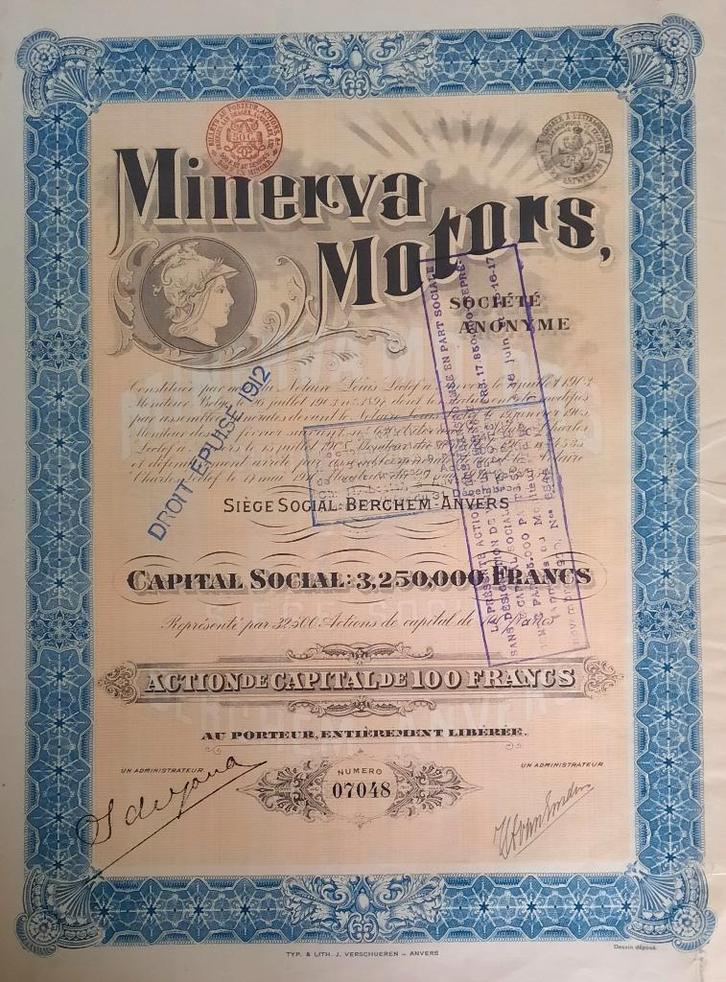 Minerva Motors - Berchem Anvers - action - 1910, Postzegels en Munten, Aandelen en Waardepapieren, Aandeel, Voor 1920, Ophalen of Verzenden