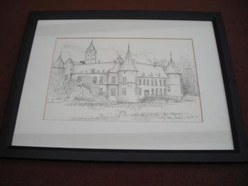 Ingekaderde pentekening "Kasteel Alden Biesen" beschikbaar voor biedingen