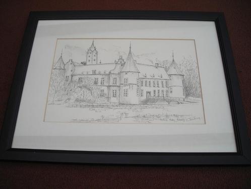 Ingekaderde pentekening "Kasteel Alden Biesen", Antiek en Kunst, Kunst | Tekeningen en Fotografie, Ophalen of Verzenden