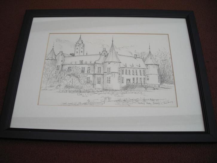 Ingekaderde pentekening "Kasteel Alden Biesen", Antiek en Kunst, Kunst | Tekeningen en Fotografie, Ophalen of Verzenden
