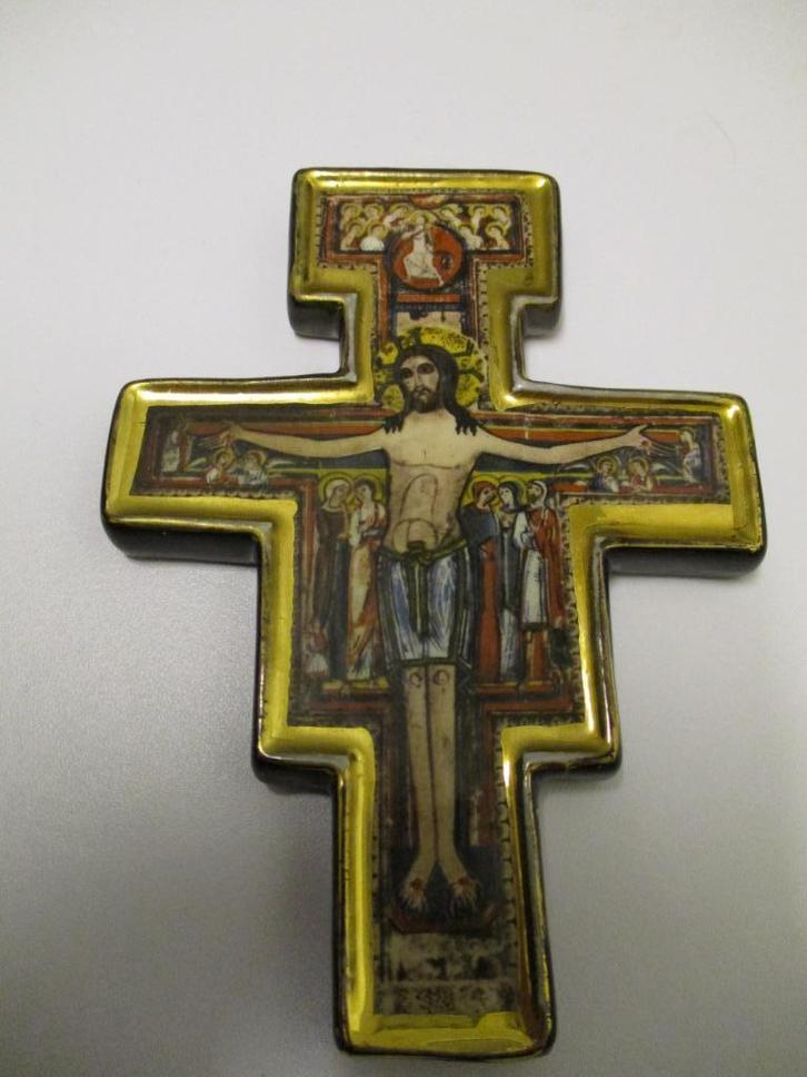 VINTAGE KRUIS VAN HEILIGE FRANCISCUS-SINT-DAMIAAN-TERRACOTTA, Verzamelen, Religie, Gebruikt, Christendom | Katholiek, Beeld(je)