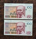 2 OPEENVOLGEND 100 Fr.   Handtekeningen enkel aan !!!   FDC, Postzegels en Munten, Bankbiljetten | België, Ophalen of Verzenden