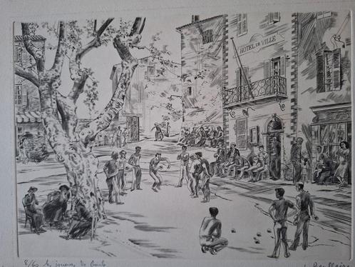 Ets van Jacques Boullaire "Petanquespelers" uit 1941, Antiek en Kunst, Kunst | Etsen en Gravures, Ophalen of Verzenden