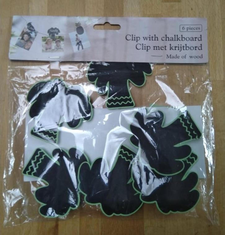 Zes houten clips met krijtbordjes (nieuw), Huis en Inrichting, Overige Huis en Inrichting, Nieuw, Ophalen of Verzenden
