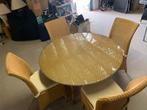 Rieten eettafel met 4 stoelen en glas, Huis en Inrichting, Tafels | Eettafels, Ophalen, Rond, Vier personen, Glas