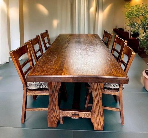 Table salle a manger + 6ch chêne massif rustique monastère, Huis en Inrichting, Complete eetkamers, Gebruikt, 6 tot 8 stoelen