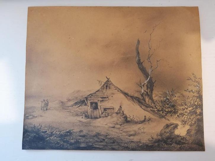 Potlood / houtskooltekening op papier, Antiek en Kunst, Kunst | Tekeningen en Fotografie, Ophalen of Verzenden