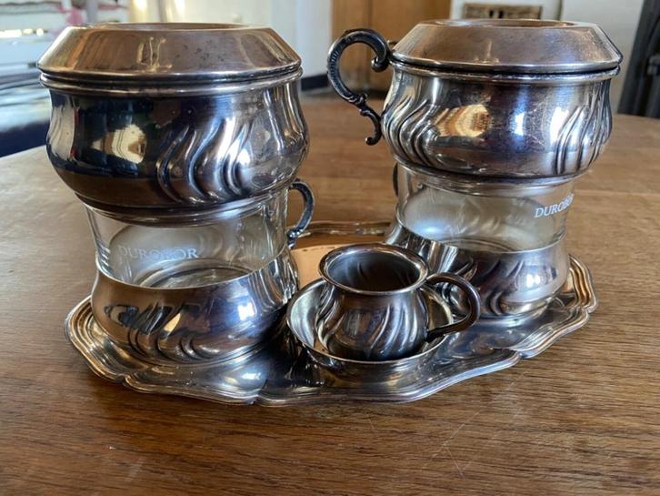 Antiek verzilvered koffieservies double punch 2 kopjes, Antiek en Kunst, Antiek | Servies compleet, Verzenden