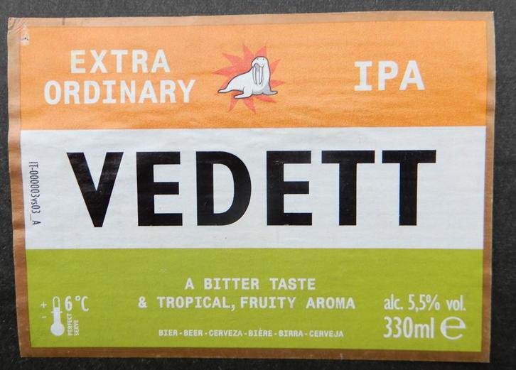 Bieretiket Vedett extra ordinary IPA Br Duvel Moortgat 11t1, Verzamelen, Biermerken, Gebruikt, Duvel, Verzenden