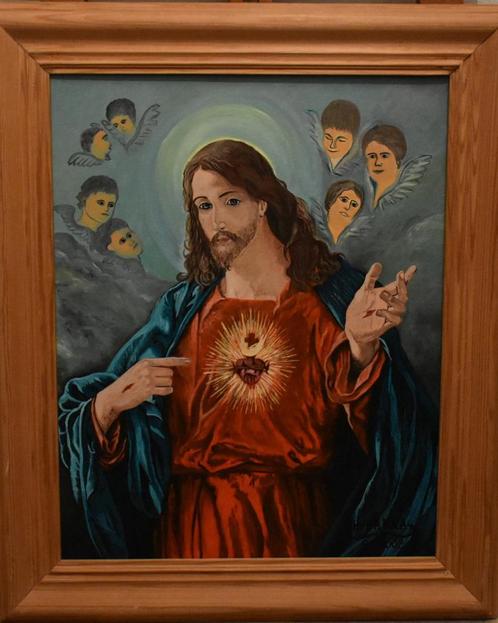 Painting of jesus sacred heart of jesus, signed joky kamo, Antiquités & Art, Art | Peinture | Moderne, Enlèvement