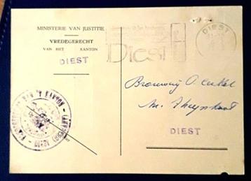 briefkaart Min v Fin - Vredegerecht Diest tav Br Cerckel  beschikbaar voor biedingen