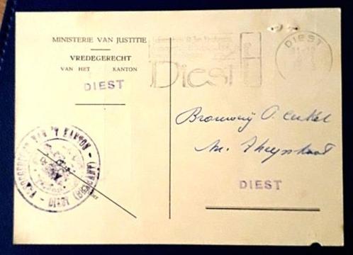 briefkaart Min v Fin - Vredegerecht Diest tav Br Cerckel, Postzegels en Munten, Brieven en Enveloppen | België, Briefkaart, Ophalen of Verzenden
