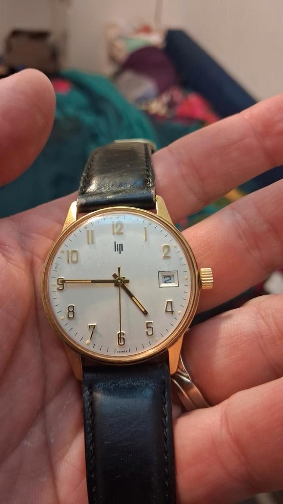 Montre LIP vintage mécanique – Date – Plaqué or, Collections, Collections Autre, Utilisé, Enlèvement ou Envoi