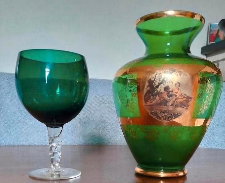 Vintage Venetianse Empoli vaas en romantische Boheemse vaas, Antiek en Kunst, Antiek | Glaswerk en Kristal, Ophalen of Verzenden