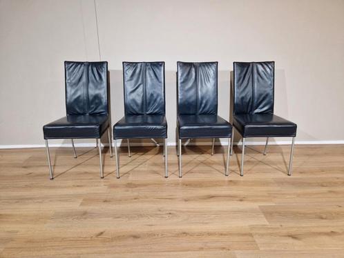 4 chaises de salle à manger HVS, bleues, cuir, design, Maison & Meubles, Chaises, Utilisé, Quatre, Cuir, Bleu, Enlèvement ou Envoi