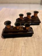 2 Vintage houten kandelaar, telkens met 3 kaarsen, Huis en Inrichting, Gebruikt, Bruin, Geen idee, Ophalen of Verzenden