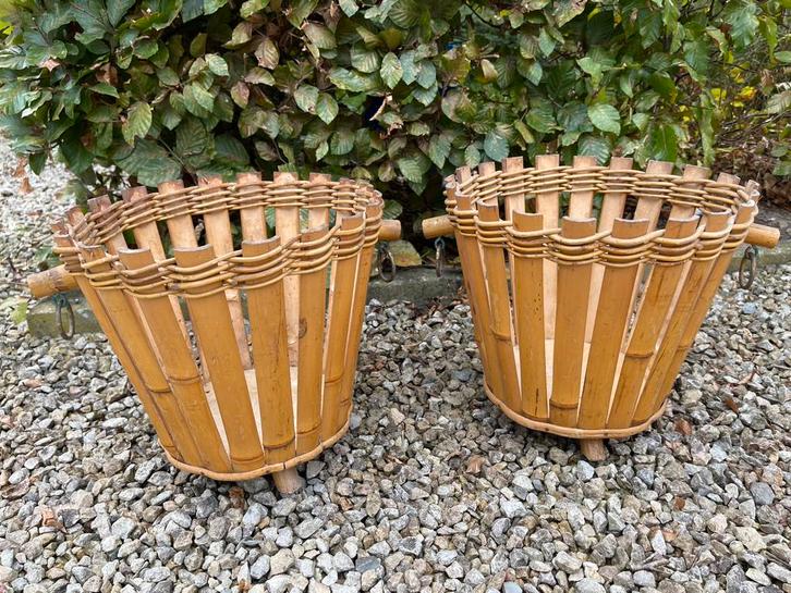 Koppel originele vintage bamboe bloempotten, Tuin en Terras, Bloembakken en Plantenbakken, Gebruikt, Overige materialen, Ophalen