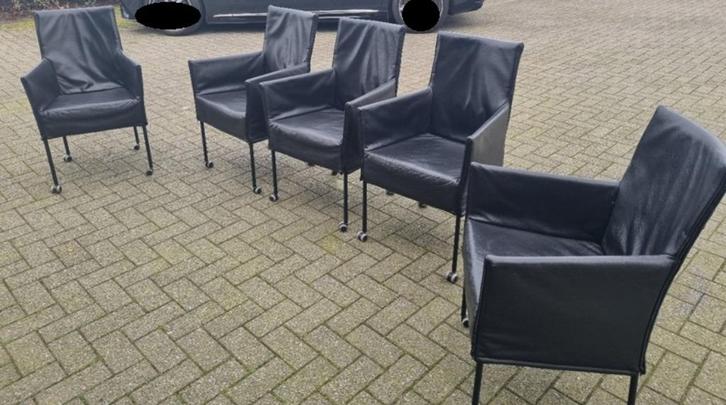 Leren eetkamerstoelen op wieltjes, 6 stuks, Huis en Inrichting, Stoelen, Gebruikt, Vijf, Zes of meer stoelen, Zwart, Ophalen of Verzenden