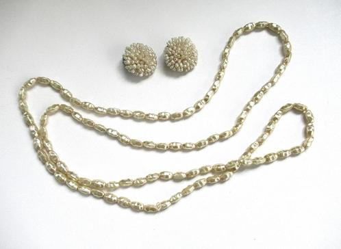 Vintage zoetwater rijst parel set collier met clip oorbellen, Handtassen en Accessoires, Antieke sieraden, Ophalen of Verzenden