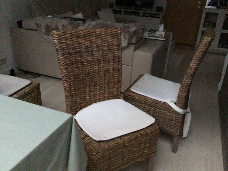 Biezen stoelen met kussen, Huis en Inrichting, Stoelen, Gebruikt, Hout, Riet of Rotan, Stof, Bruin, Ophalen