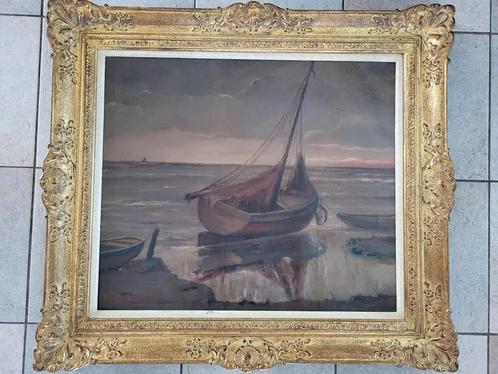 Olie schilderij op doek boten op het strand, Antiek en Kunst, Kunst | Schilderijen | Klassiek, Ophalen of Verzenden