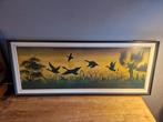 Vintage prent in kader zwanen in zonsondergang zonsopgang, Antiek en Kunst, Ophalen