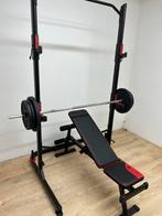 Bench press / squat rek met 80kg gewichten en bankje, Sport en Fitness, Ophalen, Zo goed als nieuw, Rug
