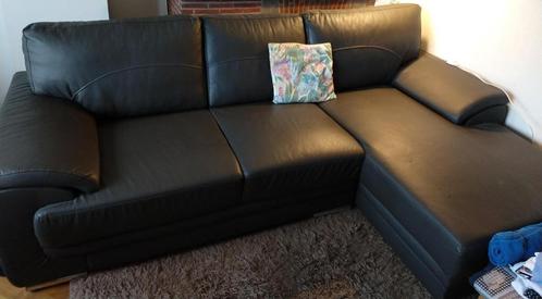 3-zit fauteuil in zwart/donkergrijs leder met chaise longue, Huis en Inrichting, Zetels | Zetels en Chaises Longues, Zo goed als nieuw
