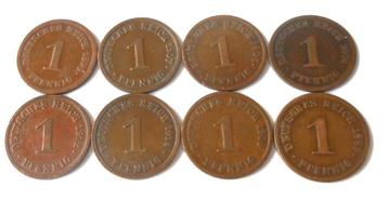  8 munten - 1 Deutsches Reich Pfennig - 0,50 euro stuk beschikbaar voor biedingen
