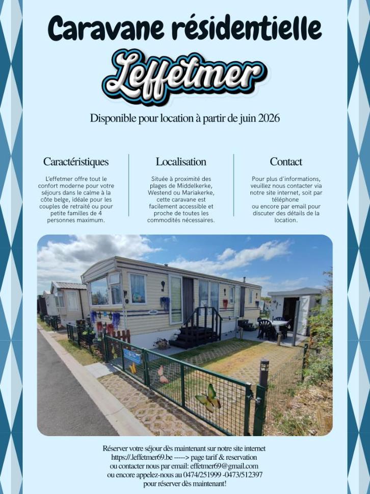 Location de notre caravane résidentiel leffetmer Middelkerke, Caravanes & Camping, Location