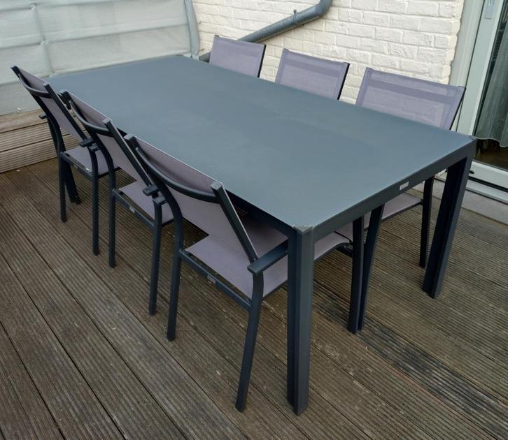 Caldela tuinset aluminium zwart (glazen tafelblad+6 stoelen), Tuin en Terras, Tuinsets en Loungesets, Gebruikt, Tuinset, Aluminium