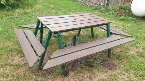 Stevige unieke donkerbruine houten picknickbank, Tuin en Terras, Picknicktafels, Gebruikt, Rechthoekig, Hout, Ophalen