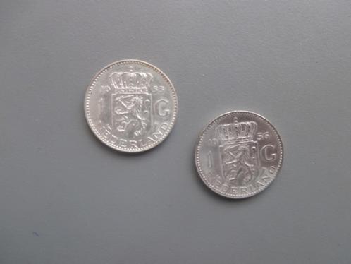 Munten Zilveren Juliana Guldens 1955 en 1956 Nederland, Timbres & Monnaies, Monnaies | Pays-Bas, Série, 1 florin, Reine Juliana