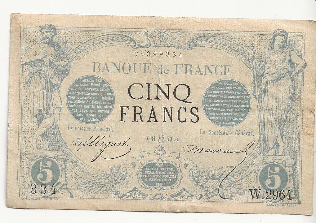 Billet de 5 francs   la France 1873, Enlèvement ou Envoi, France, Billets en vrac