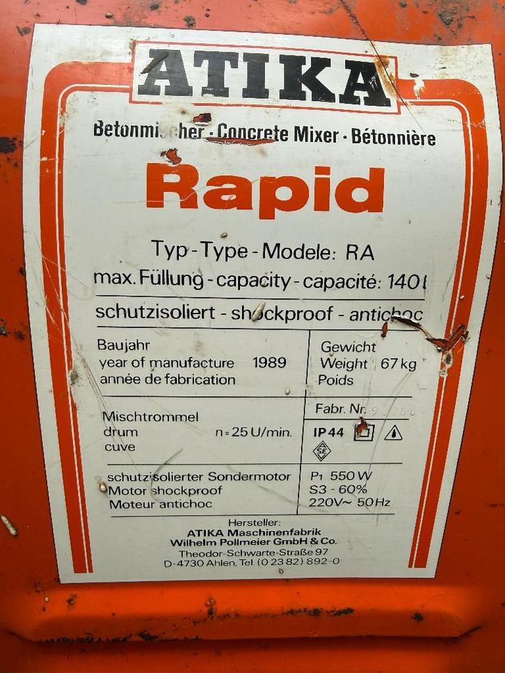 Atika Rapid Betonmolen, Doe-het-zelf en Bouw, Betonmolens, Gebruikt, Ophalen