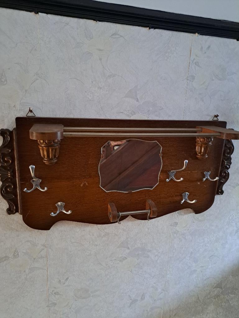 Vintage houten hangkapstok met spiegel en opbergrek jaren 50, Antiek en Kunst, Ophalen, Rechthoekig, 50 tot 100 cm, Minder dan 100 cm