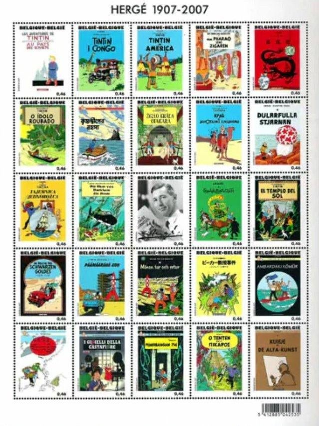 Verzamelblad met 25 postzegels van Kuifje - Hergé, Ophalen of Verzenden, Postfris, Niet gestempeld