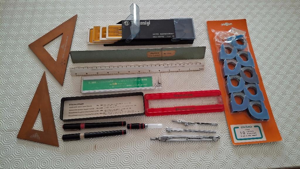 Retro tekengerief ROTRING tekenpen Aristo Staedtler + dymo, Enlèvement, Utilisé