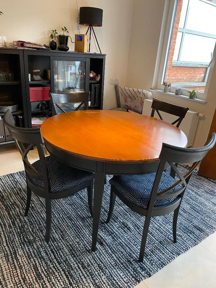 Ronde tafel met verlengstuk en 4 stoelen, Huis en Inrichting, Tafels | Eettafels, Gebruikt, 100 tot 150 cm, 100 tot 150 cm, Vier personen