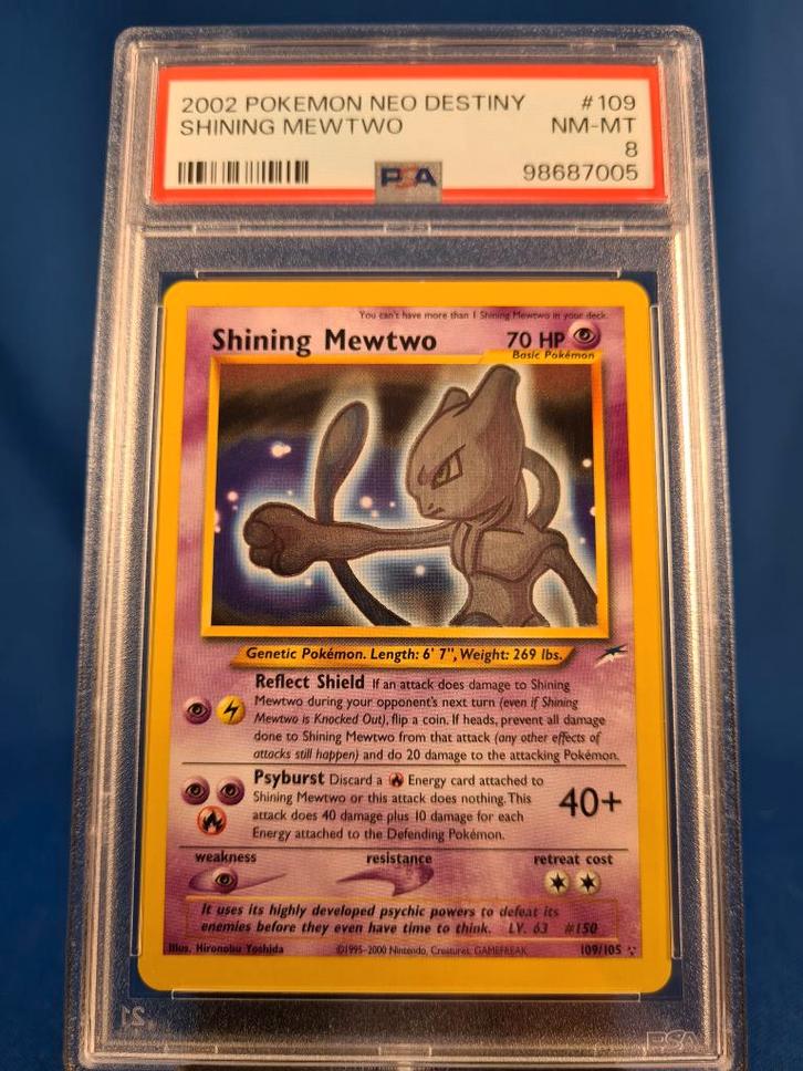 Shining Mewtwo 109/105 - Neo Destiny (PSA 8), Hobby en Vrije tijd, Verzamelkaartspellen | Pokémon, Gebruikt, Verzenden