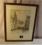 Mooie Oude Gravure 'In de Binnenstad' - Dousselaere, Antiek en Kunst, Ophalen of Verzenden
