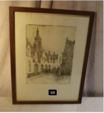 Mooie Oude Gravure 'In de Binnenstad' - Dousselaere beschikbaar voor biedingen