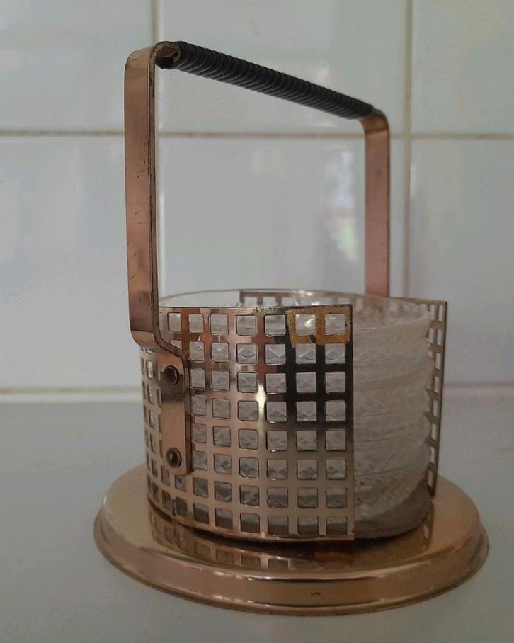 Vintage jaren '70 onderleggers in Kristal met houder, Antiek en Kunst, Antiek | Glaswerk en Kristal, Ophalen of Verzenden