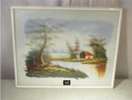 Mooi Oud Geschilderd Werk 'Hoeve en Rivier' - 52x42, Antiek en Kunst, Ophalen of Verzenden