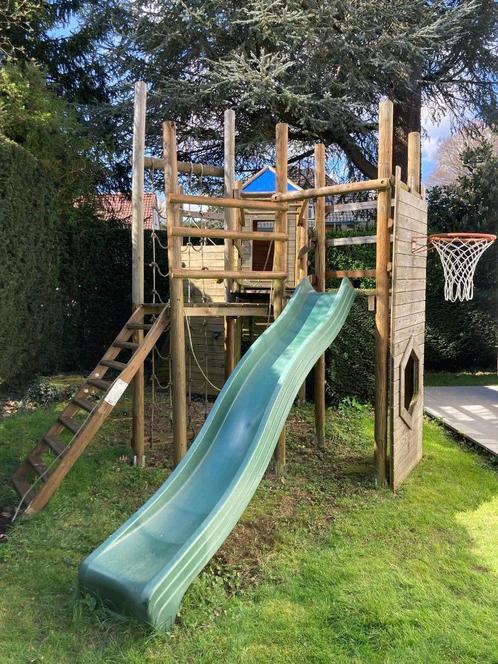 Een set van buiten spelen in hout, Kinderen en Baby's, Speelgoed | Buiten | Speeltoestellen, Gebruikt, Glijbaan, Klimtouw, Klimwand